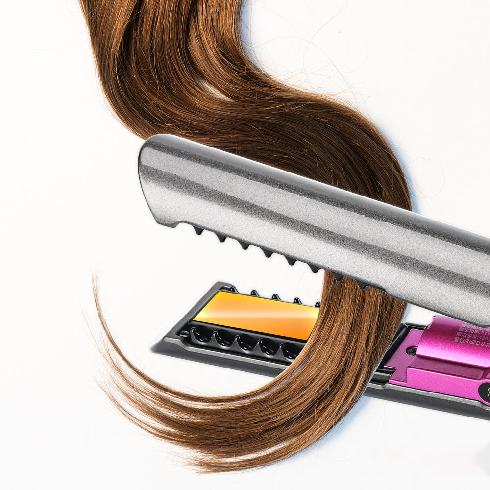 USB Wireless Charging Hair Straightener in purple with ceramic coating, showcasing its sleek design and USB Type-C charging port.