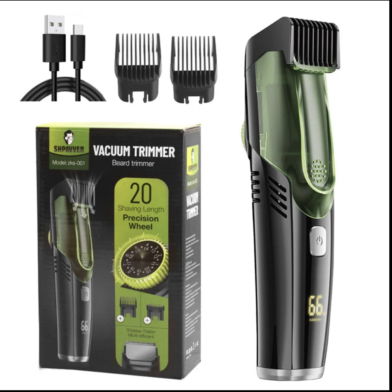 Vacuum Beard Trimmer for Men with stainless steel blades and adjustable length settings, designed for precise grooming and mess-free trimming.