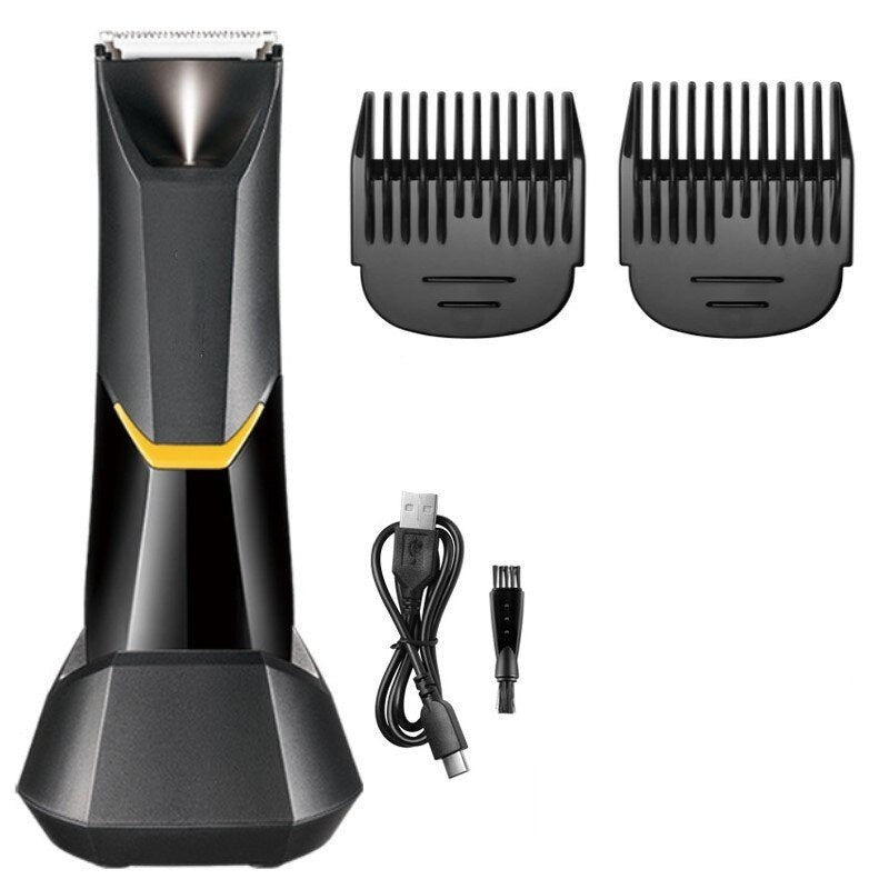 Washable Electric Groin & Body Trimmer for Men & Women, featuring a sleek design, ceramic blade, and limit combs for versatile grooming.