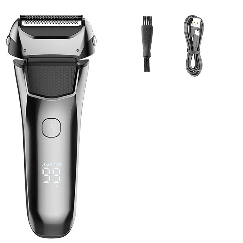 A sleek, modern electric shaver designed for men, featuring a 3-blade system and a waterproof design for wet or dry shaving.