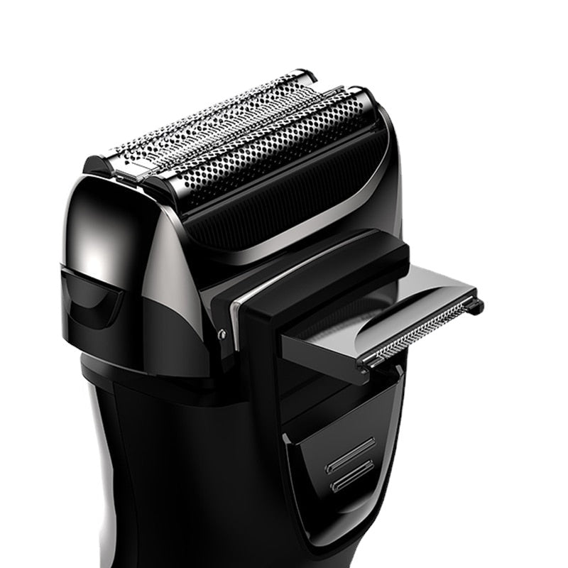 A sleek, modern electric shaver designed for men, featuring a 3-blade system and a waterproof design for wet or dry shaving.