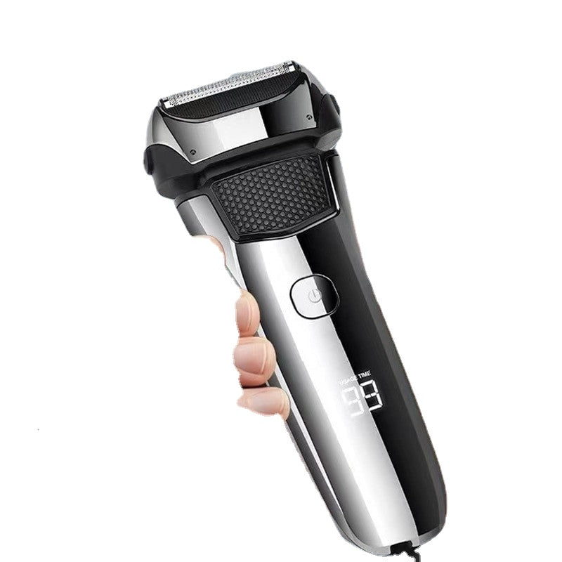 A sleek, modern electric shaver designed for men, featuring a 3-blade system and a waterproof design for wet or dry shaving.