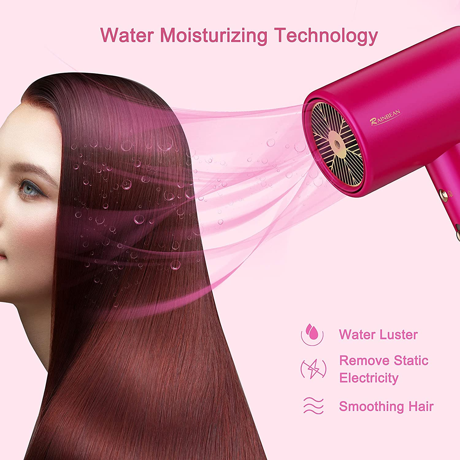 Water Ionic Hair Dryer with magnetic nozzle, showcasing its sleek design and features.