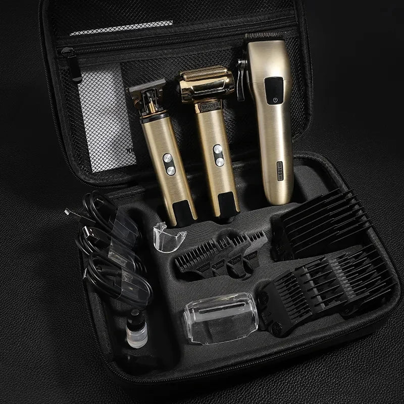 Waterproof New Hair Clipper with accessories including limit combs and USB charging cables, designed for professional grooming.