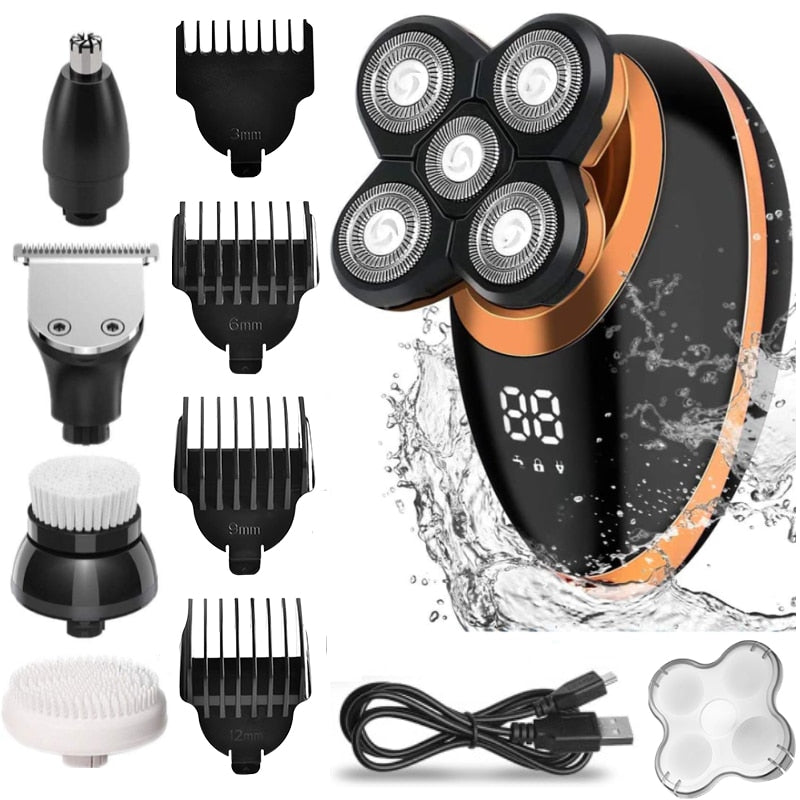 Wet Dry Electric Shaver for Men with multiple attachments and ergonomic design, showcasing its 5-in-1 grooming capabilities.