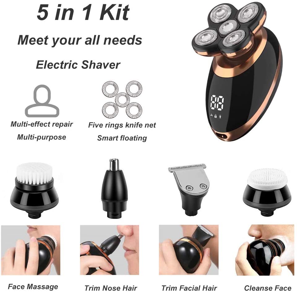 Wet Dry Electric Shaver for Men with multiple attachments and ergonomic design, showcasing its 5-in-1 grooming capabilities.