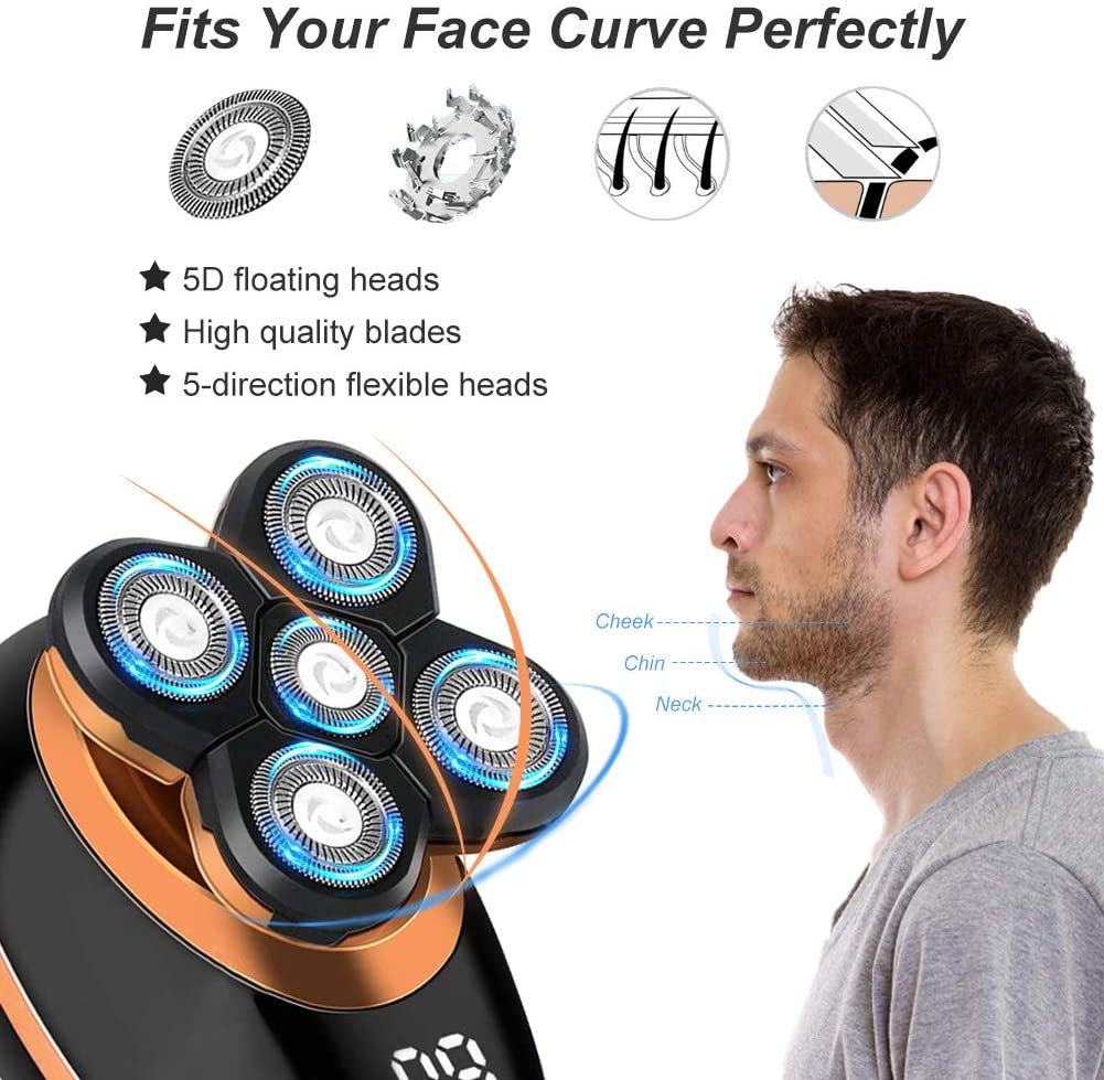 Wet Dry Electric Shaver for Men with multiple attachments and ergonomic design, showcasing its 5-in-1 grooming capabilities.