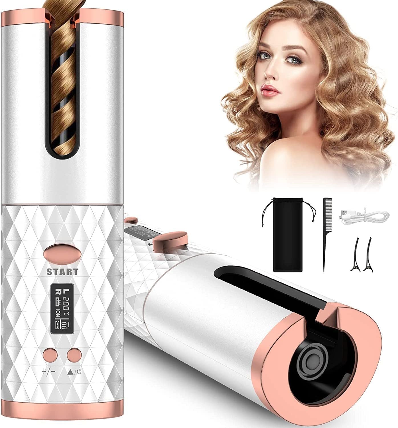 Wireless Automatic Curling Iron with ceramic heating, showcasing its sleek design and user-friendly features for effortless curling.