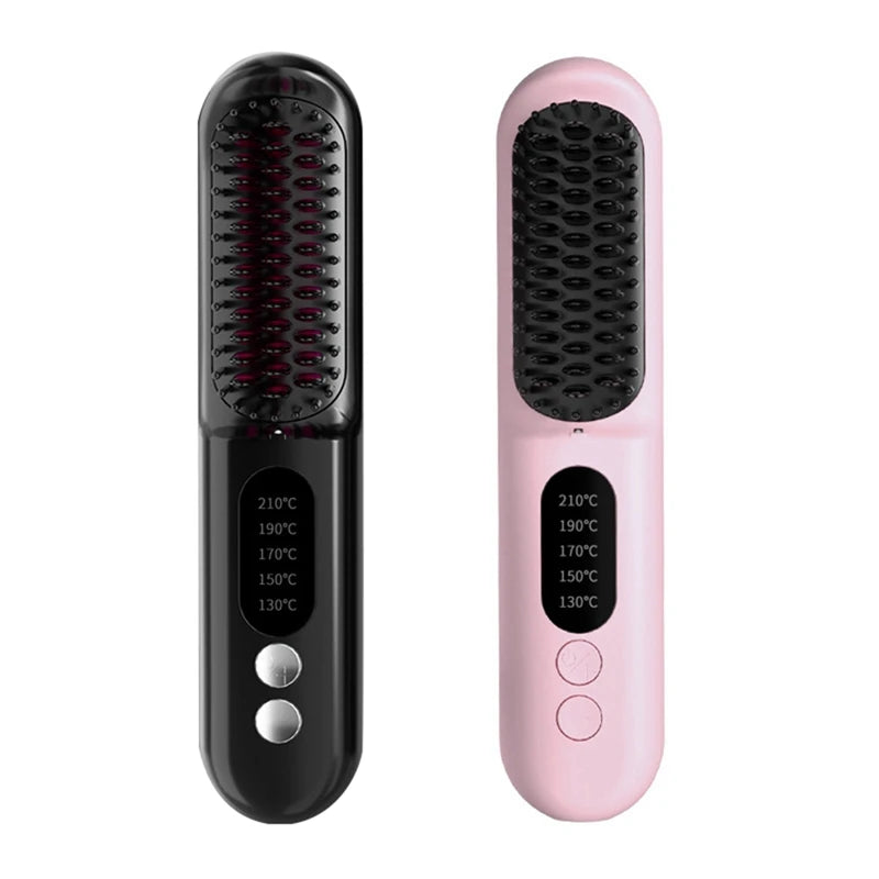 Wireless Hair Straightener Brush with 3D tooth comb design in black and pink colors, showcasing its ergonomic shape and USB charging cable.