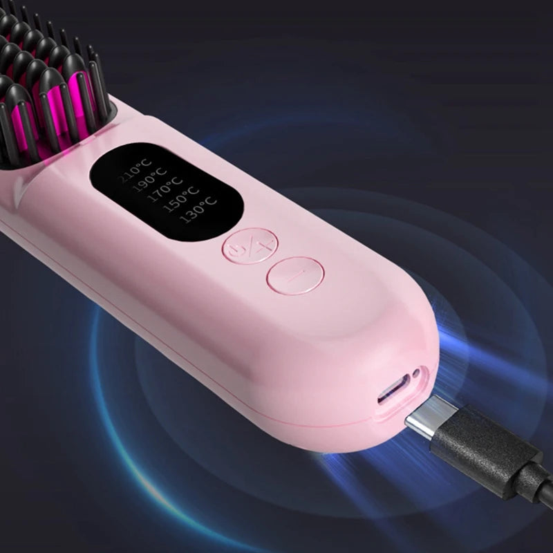 Wireless Hair Straightener Brush with 3D tooth comb design in black and pink colors, showcasing its ergonomic shape and USB charging cable.