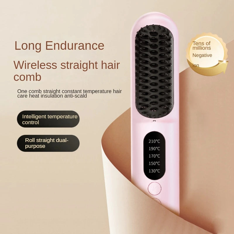 Wireless Hair Straightener Brush with 3D tooth comb design in black and pink colors, showcasing its ergonomic shape and USB charging cable.