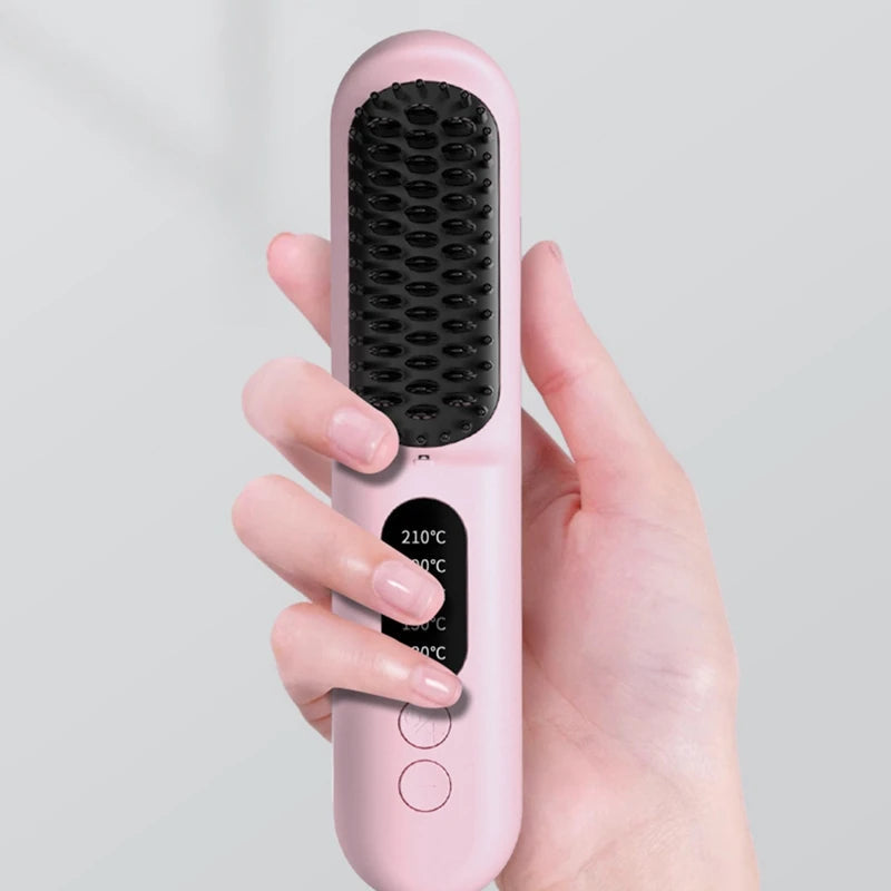 Wireless Hair Straightener Brush with 3D tooth comb design in black and pink colors, showcasing its ergonomic shape and USB charging cable.