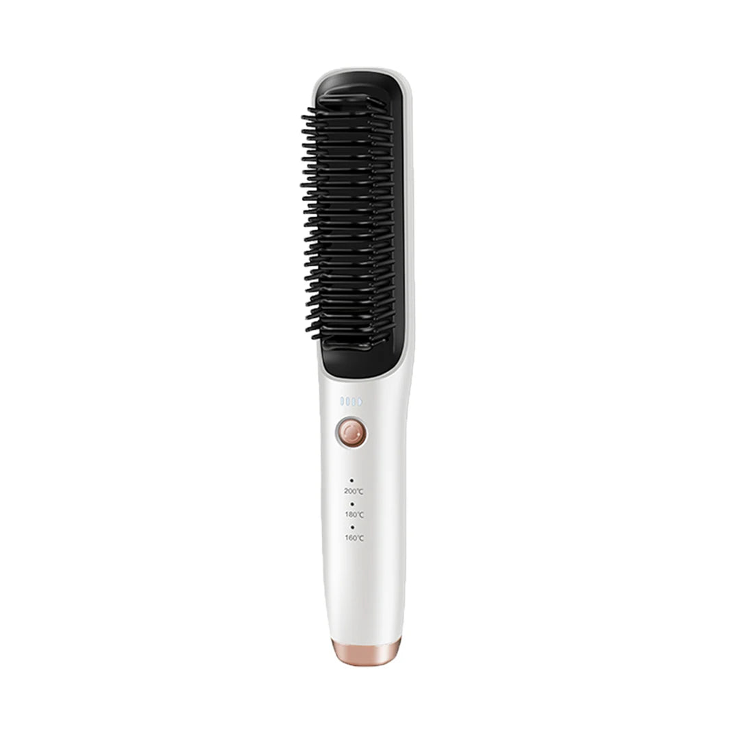 Wireless Hair Straightening Brush in black, showcasing its sleek design and USB-C charging port.