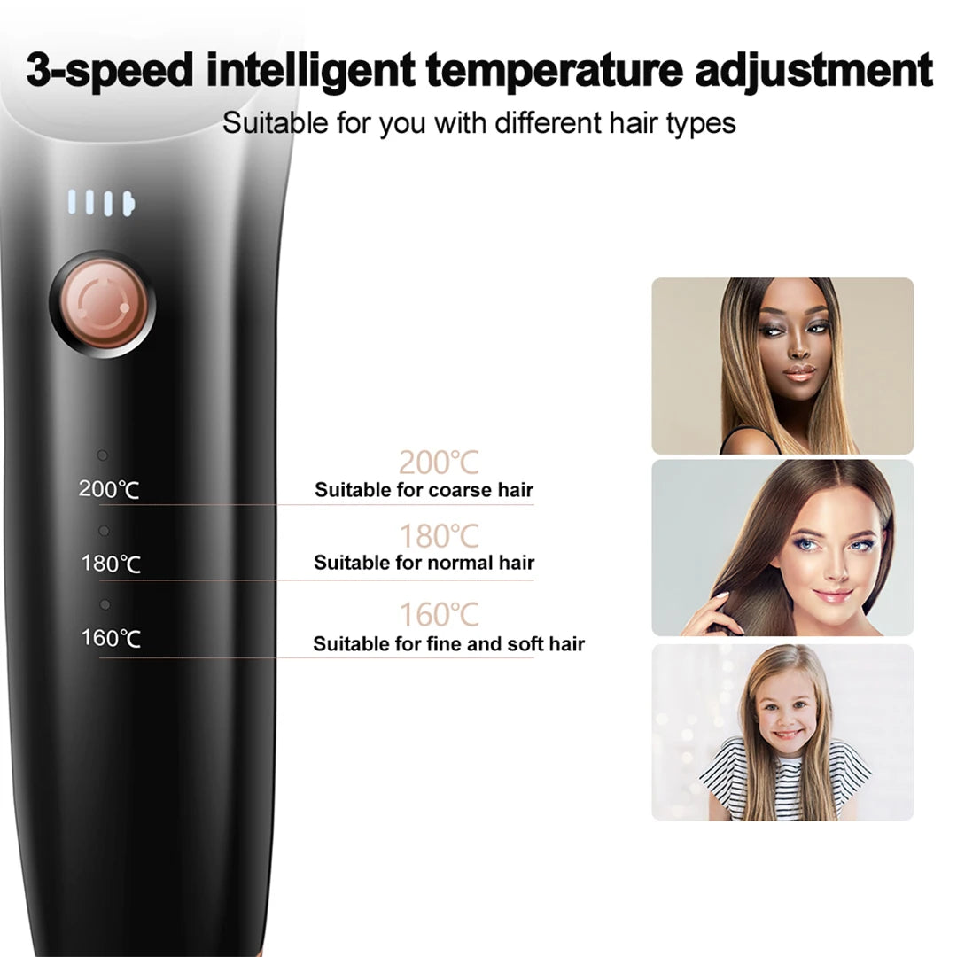 Wireless Hair Straightening Brush in black, showcasing its sleek design and USB-C charging port.