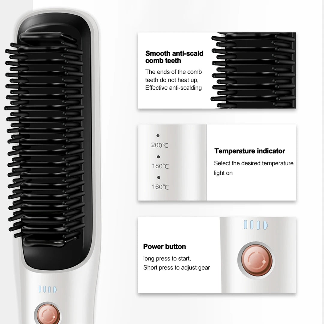 Wireless Hair Straightening Brush in black, showcasing its sleek design and USB-C charging port.