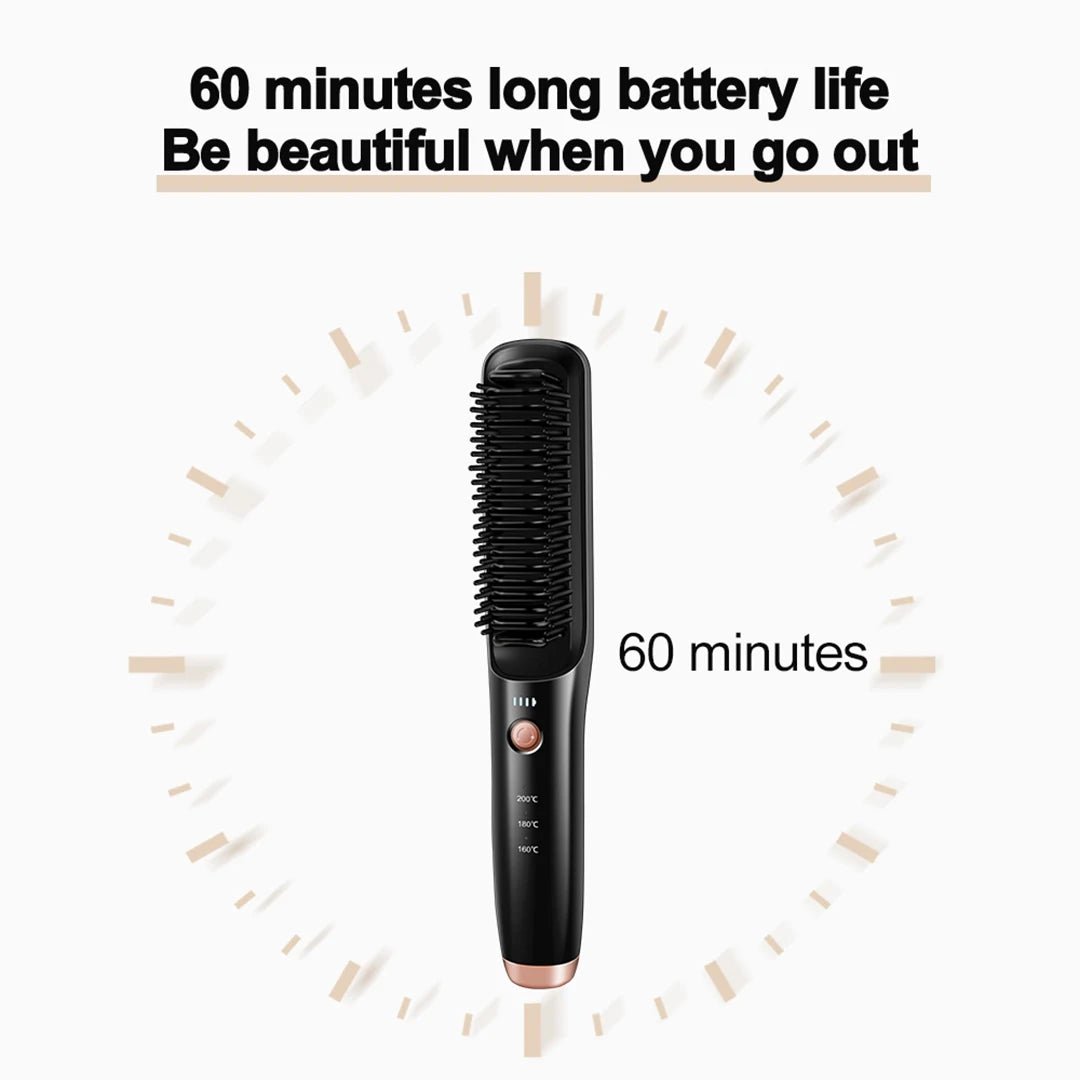 Wireless Hair Straightening Brush in black, showcasing its sleek design and USB-C charging port.