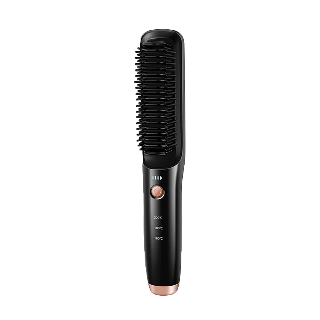 Wireless Hair Straightening Brush in black, showcasing its sleek design and USB-C charging port.