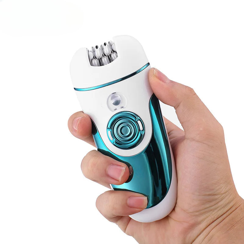 Women Epilator 4 IN 1 Hair Removal Multi-Function Shaver with accessories including USB cable, shaving head, and cleaning tools.