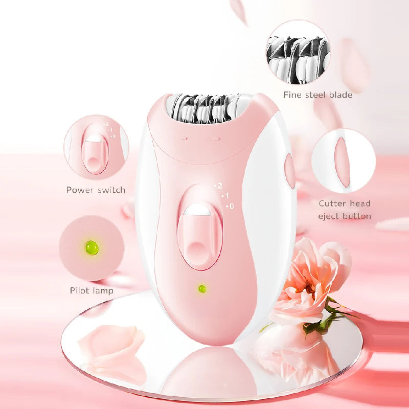 Women Epilator Electric for painless hair removal on legs, bikini line, and face, featuring a sleek design and ergonomic handle.