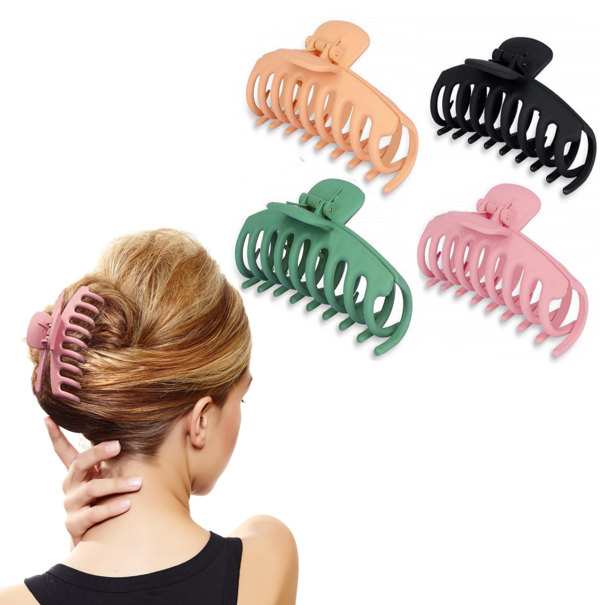 A set of four Women's Non-slip Large Claw Hair Clips in vibrant colors, showcasing their sturdy design and soft grips for all hair types.