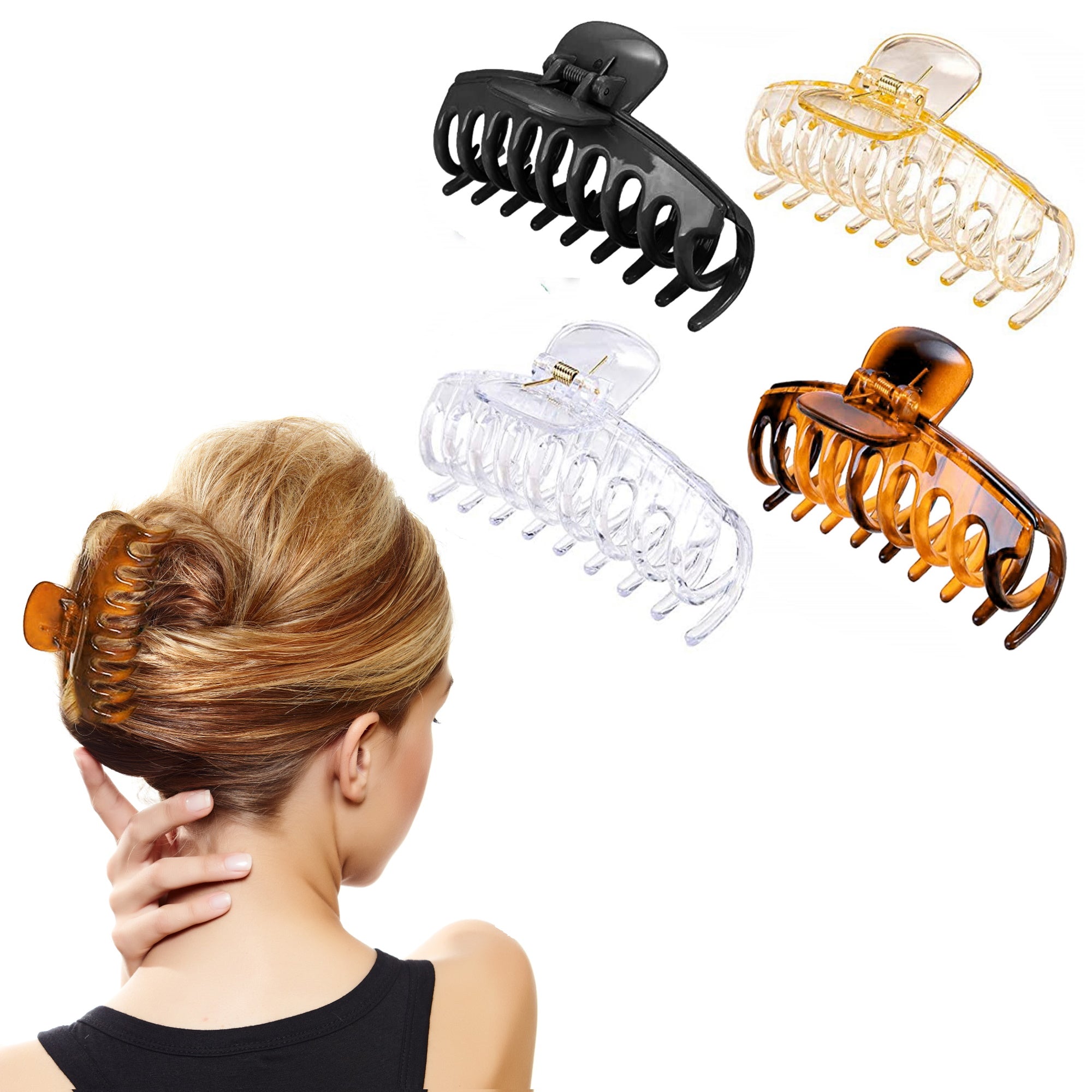 A set of four Women's Non-slip Large Claw Hair Clips in vibrant colors, showcasing their sturdy design and soft grips for all hair types.