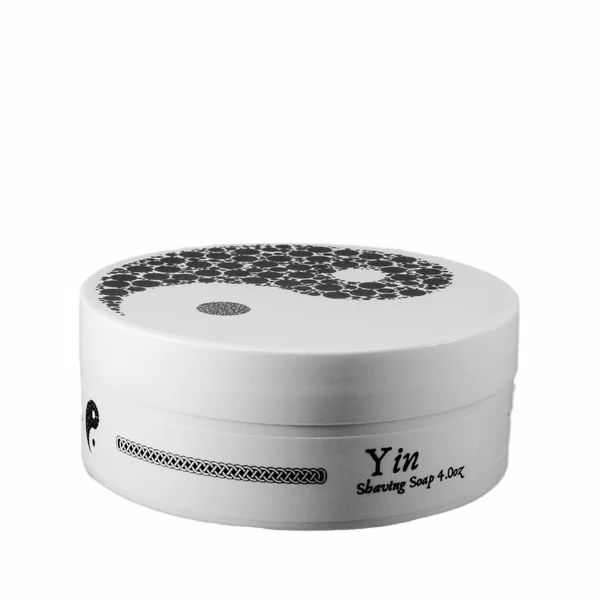 Yin Shaving Soap by Murphy and McNeil, featuring a bamboo and fig scent, in a 4.0oz container, showcasing its elegant packaging.