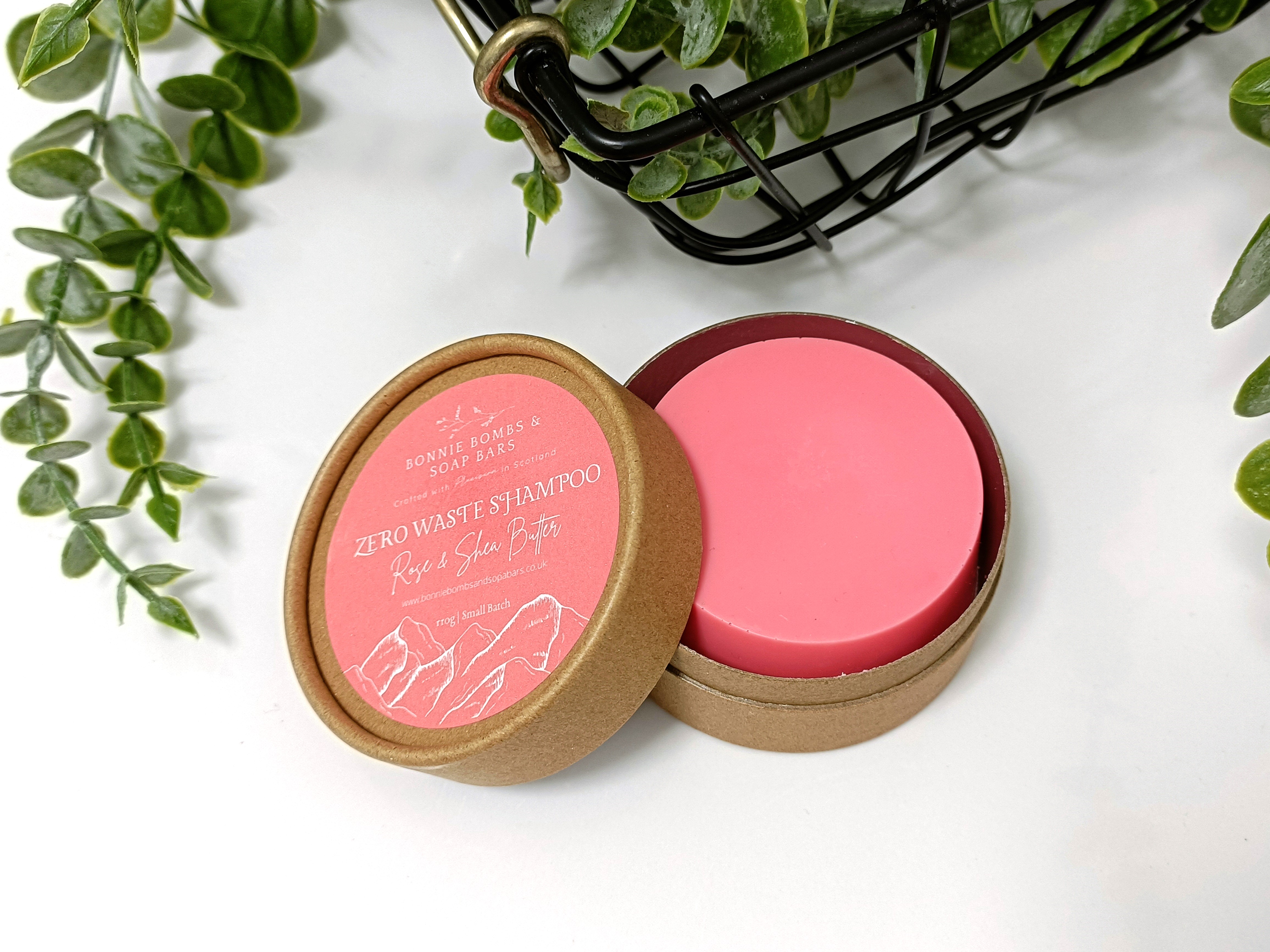 A beautifully crafted ZERO WASTE Rose Shea Butter Shampoo Bar, showcasing its natural ingredients and eco-friendly packaging.