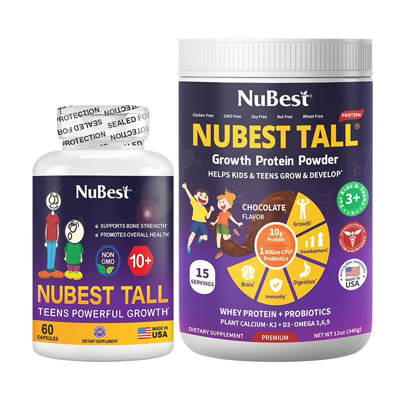 NuBest Tall 10+ and Pro Duo nutritional supplements in capsules and powder form, designed for children's growth and health.