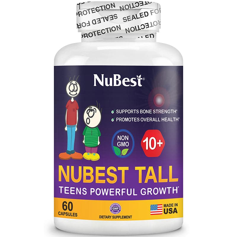 NuBest Tall 10+ and Pro Duo nutritional supplements in capsules and powder form, designed for children's growth and health.