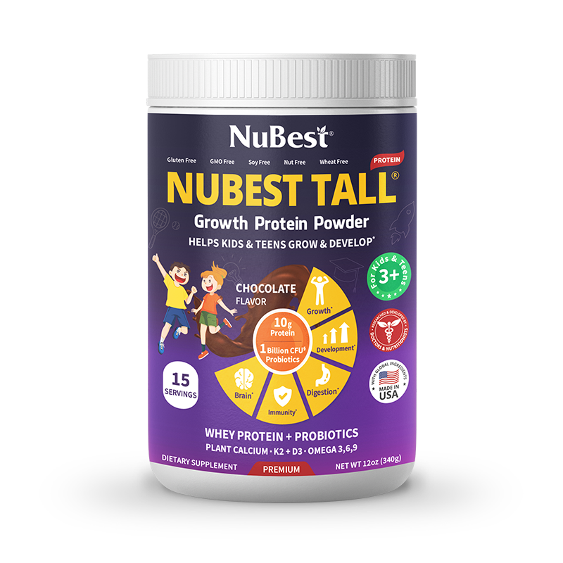 NuBest Tall 10+ and Pro Duo nutritional supplements in capsules and powder form, designed for children's growth and health.