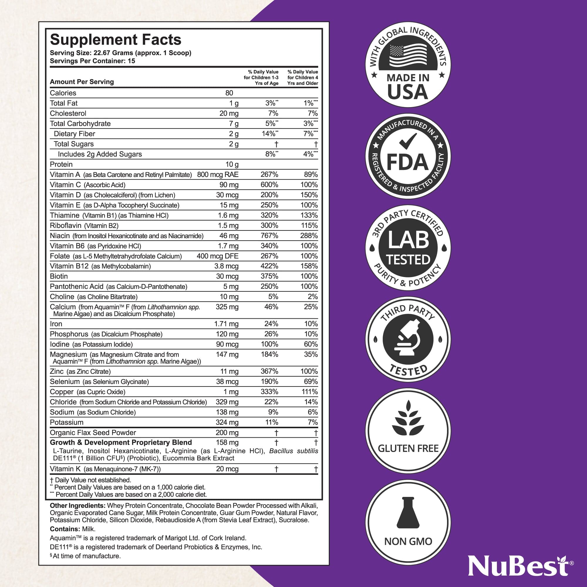 NuBest Tall 10+ and Pro Duo nutritional supplements in capsules and powder form, designed for children's growth and health.