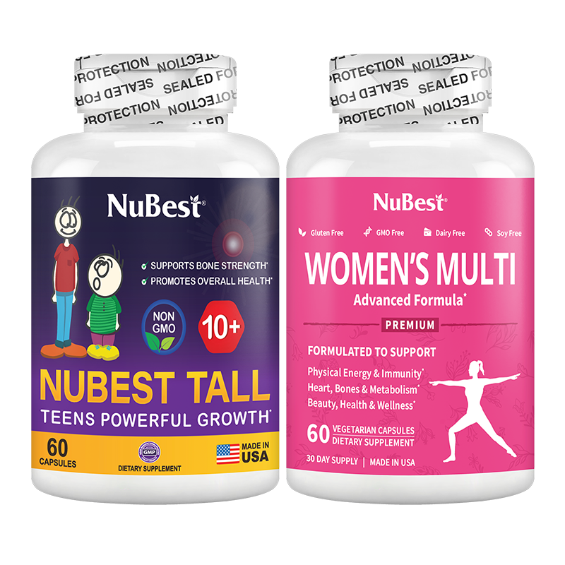 10+ & Women Duo product bundle featuring NuBest Tall 10+ and Women’s Multi capsules, designed for children's growth and women's health.