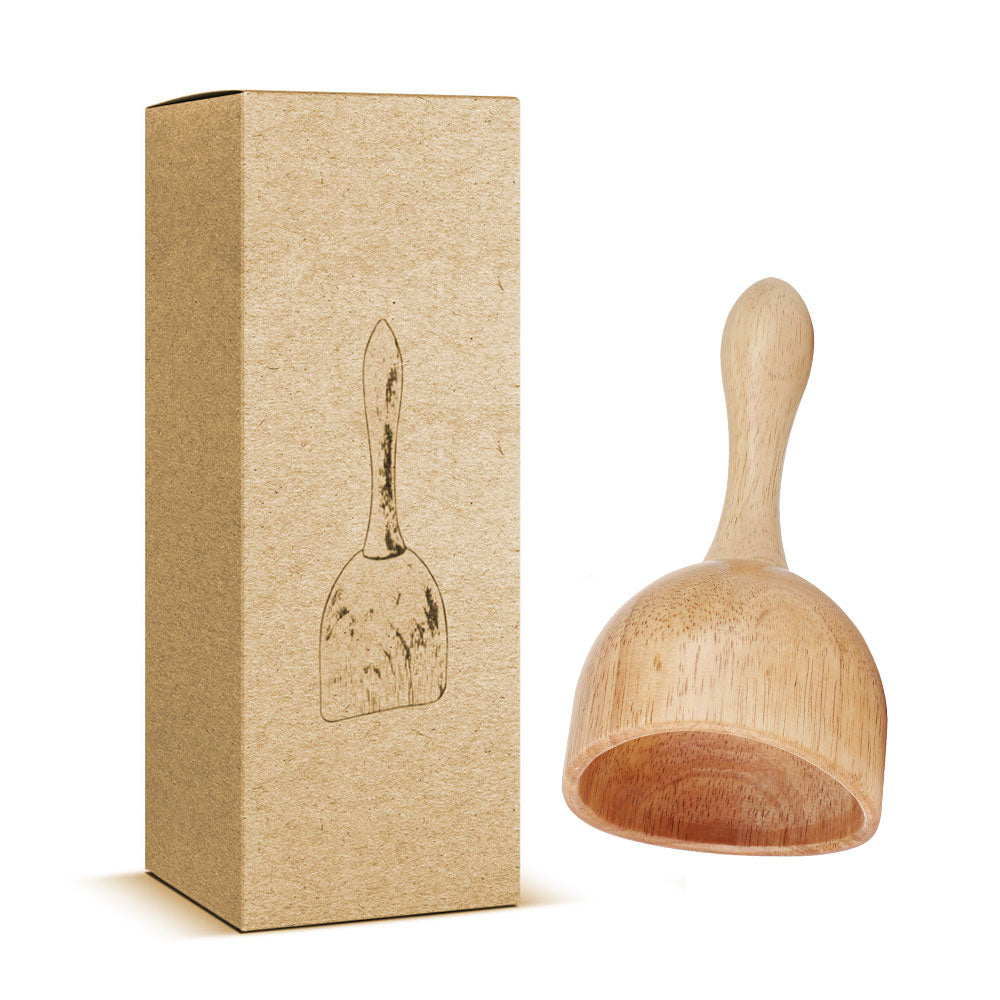 A wooden massage cup made from natural rubber wood, featuring a smooth surface and ergonomic long handle for easy grip and use.