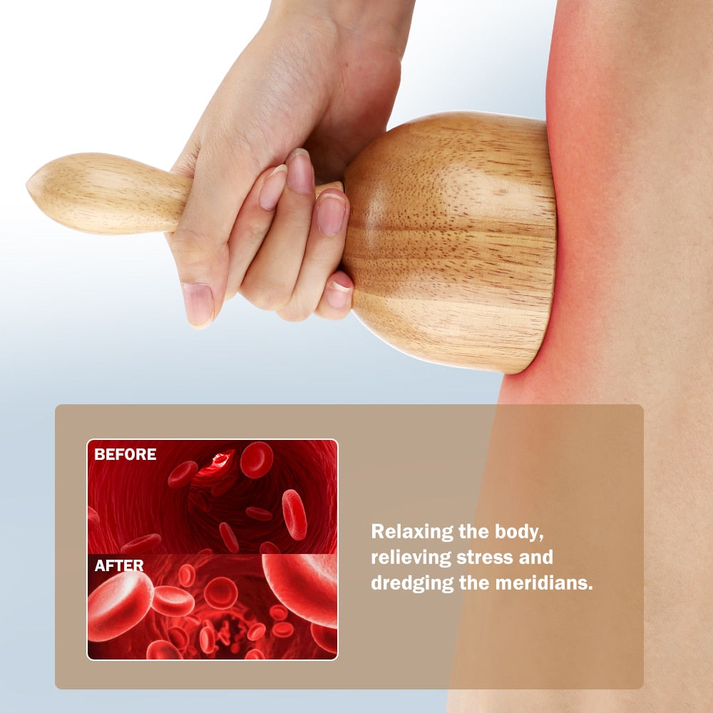 A wooden massage cup made from natural rubber wood, featuring a smooth surface and ergonomic long handle for easy grip and use.