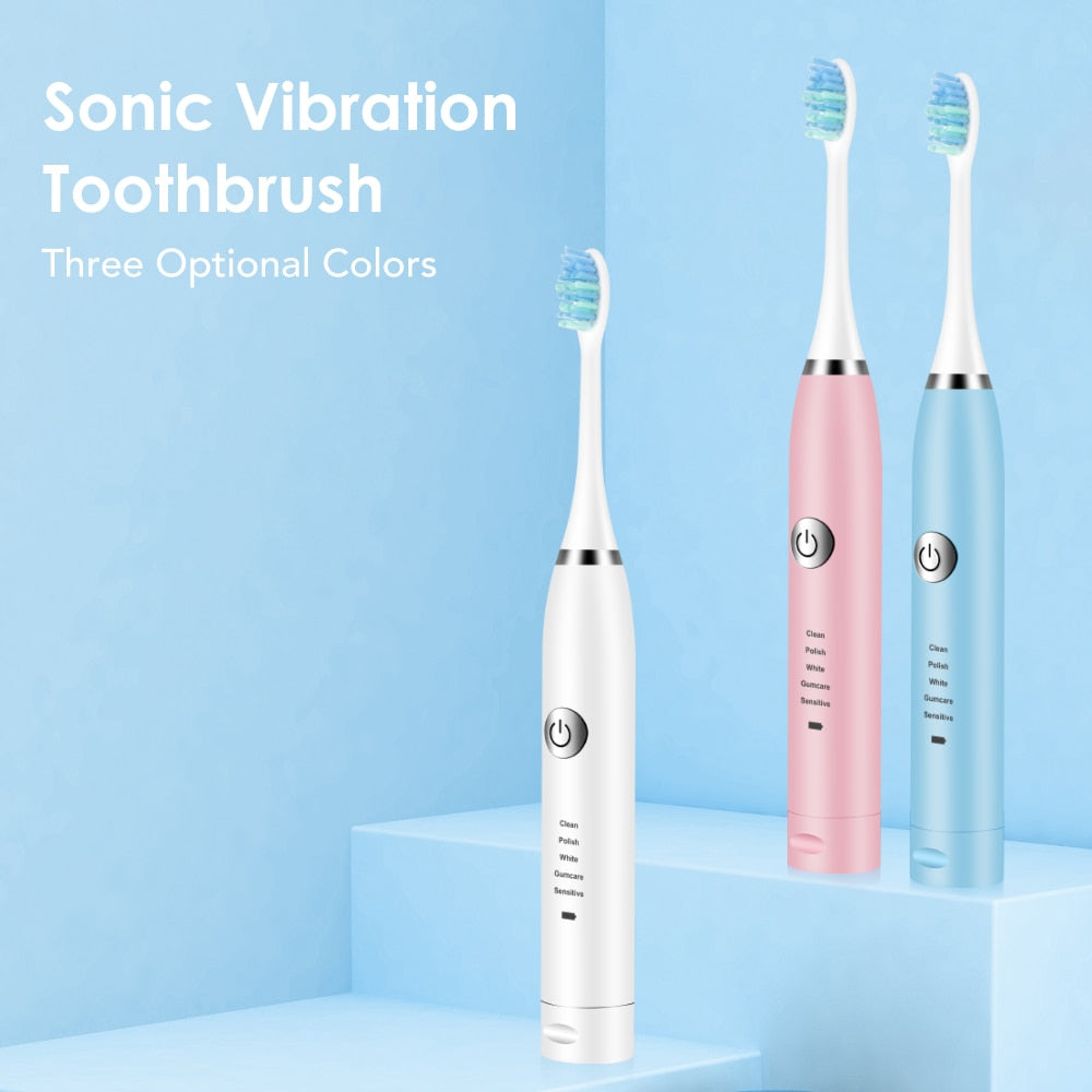 2 Heads Sonic Electric Toothbrush with two brush heads, USB charging port, and ergonomic design for effective teeth cleaning.