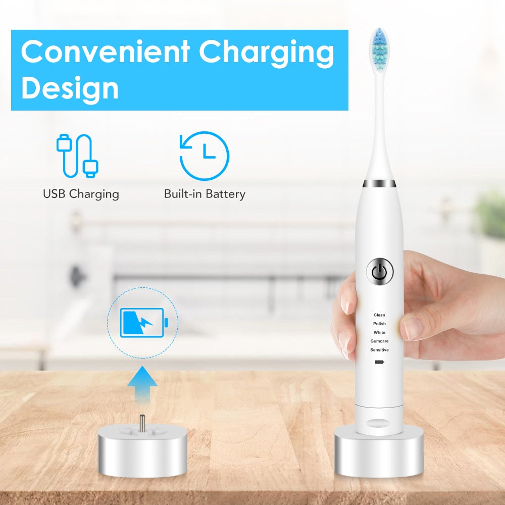 2 Heads Sonic Electric Toothbrush with two brush heads, USB charging port, and ergonomic design for effective teeth cleaning.