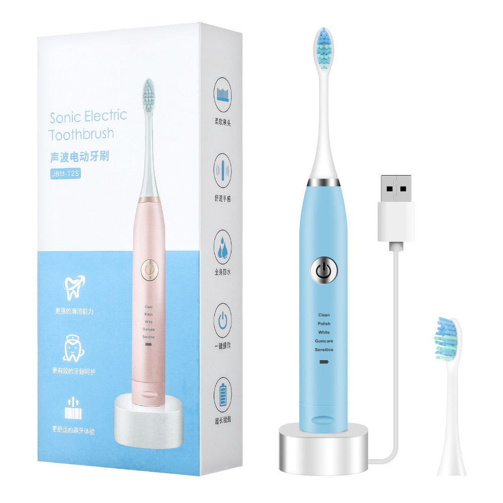 2 Heads Sonic Electric Toothbrush with two brush heads, USB charging port, and ergonomic design for effective teeth cleaning.