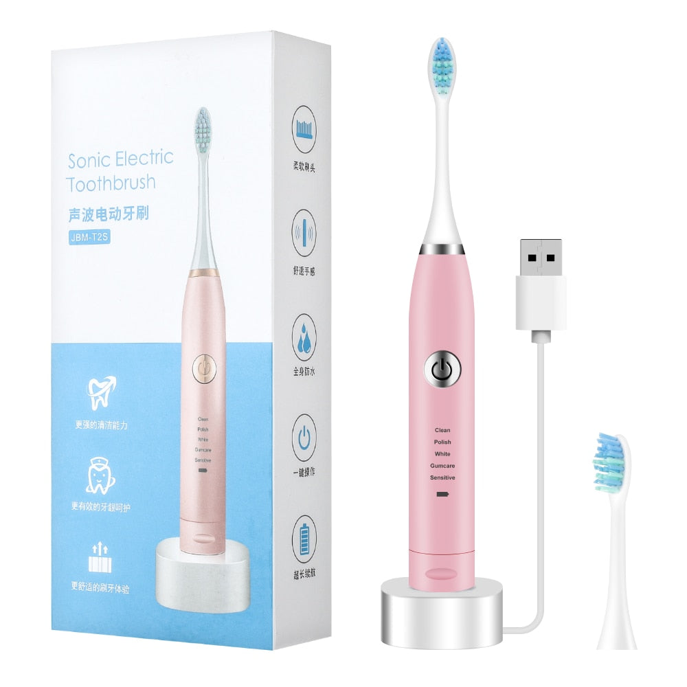 2 Heads Sonic Electric Toothbrush with two brush heads, USB charging port, and ergonomic design for effective teeth cleaning.