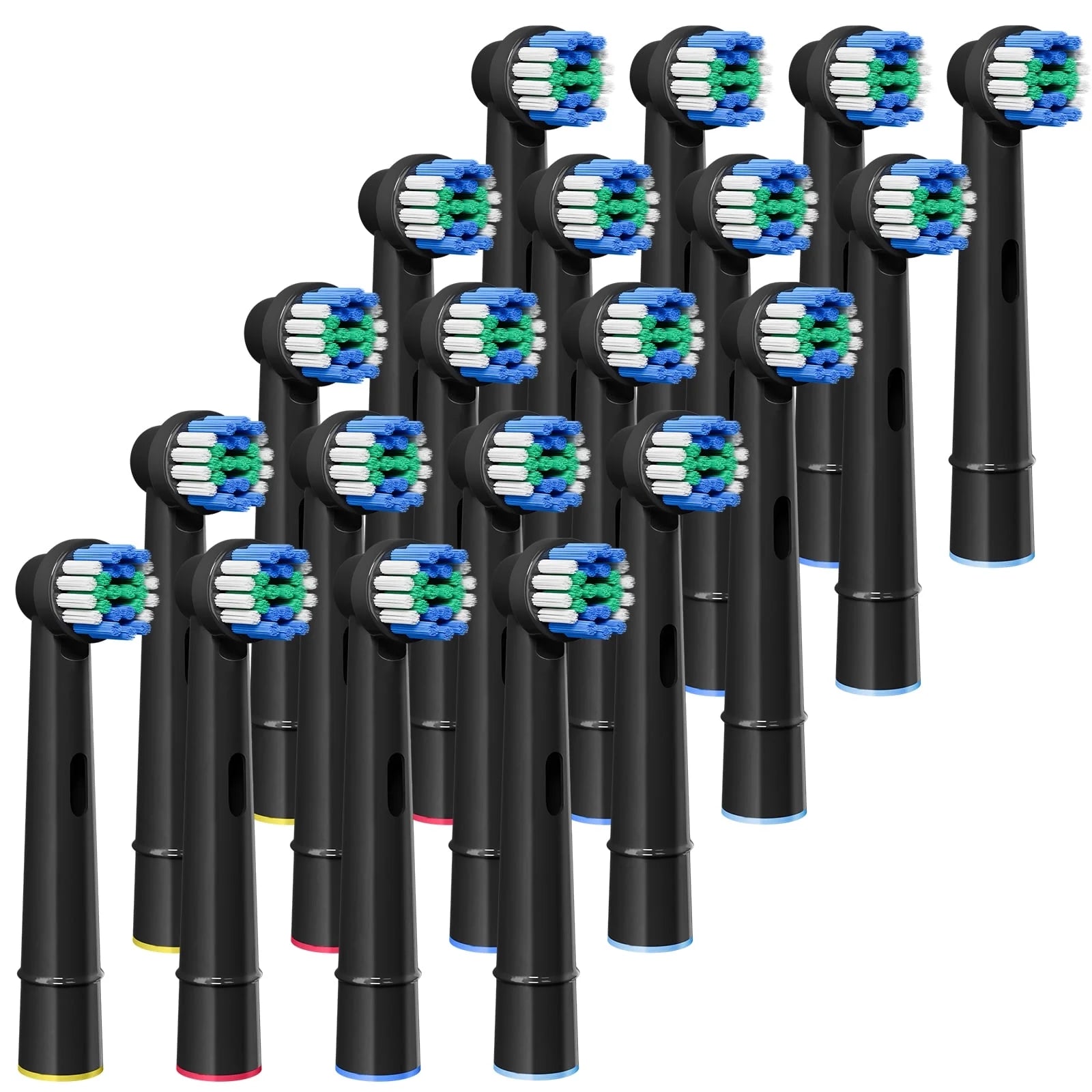 A pack of 20 replacement toothbrush heads compatible with Oral B, featuring colorful rings for easy identification and durable DuPont bristles.