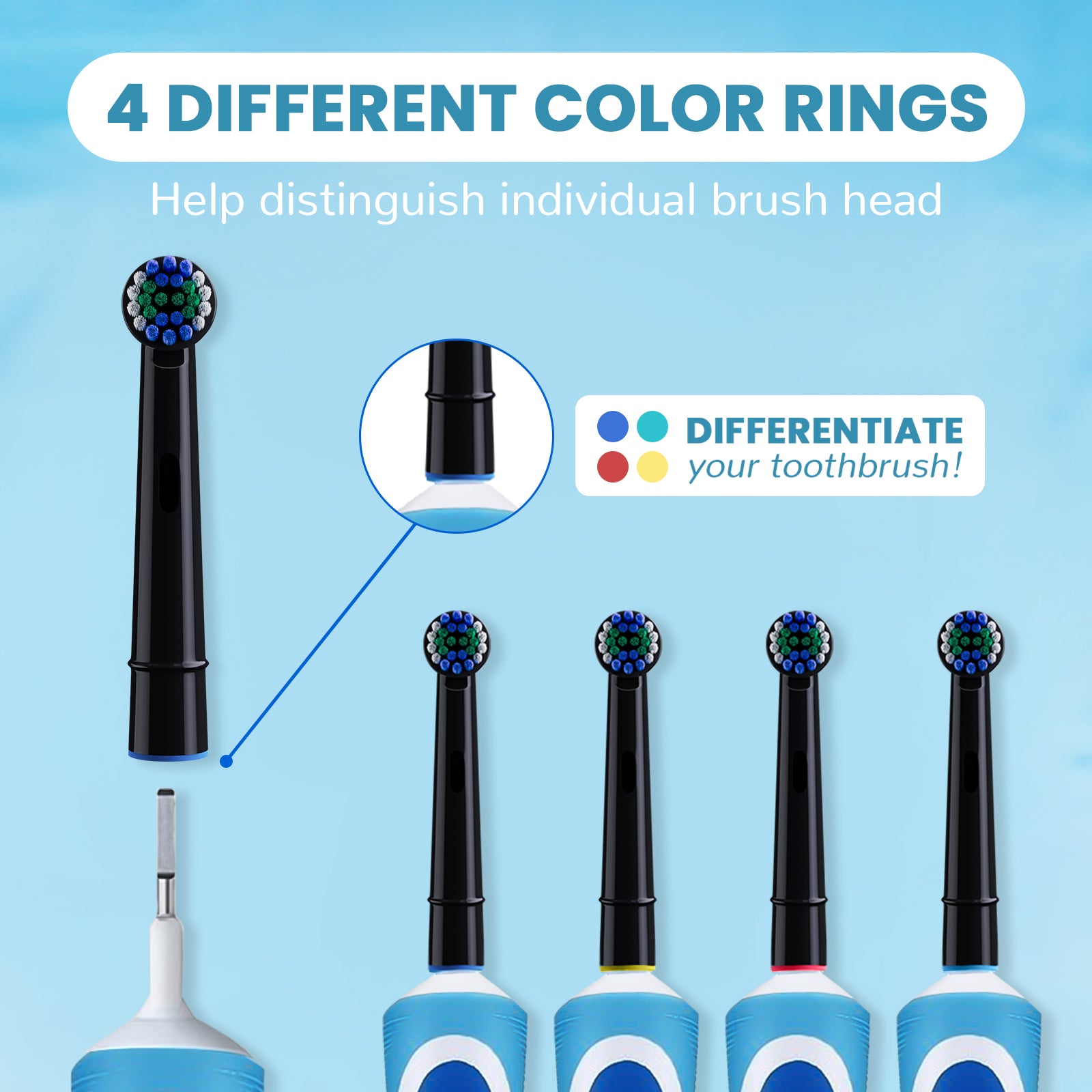 A pack of 20 replacement toothbrush heads compatible with Oral B, featuring colorful rings for easy identification and durable DuPont bristles.