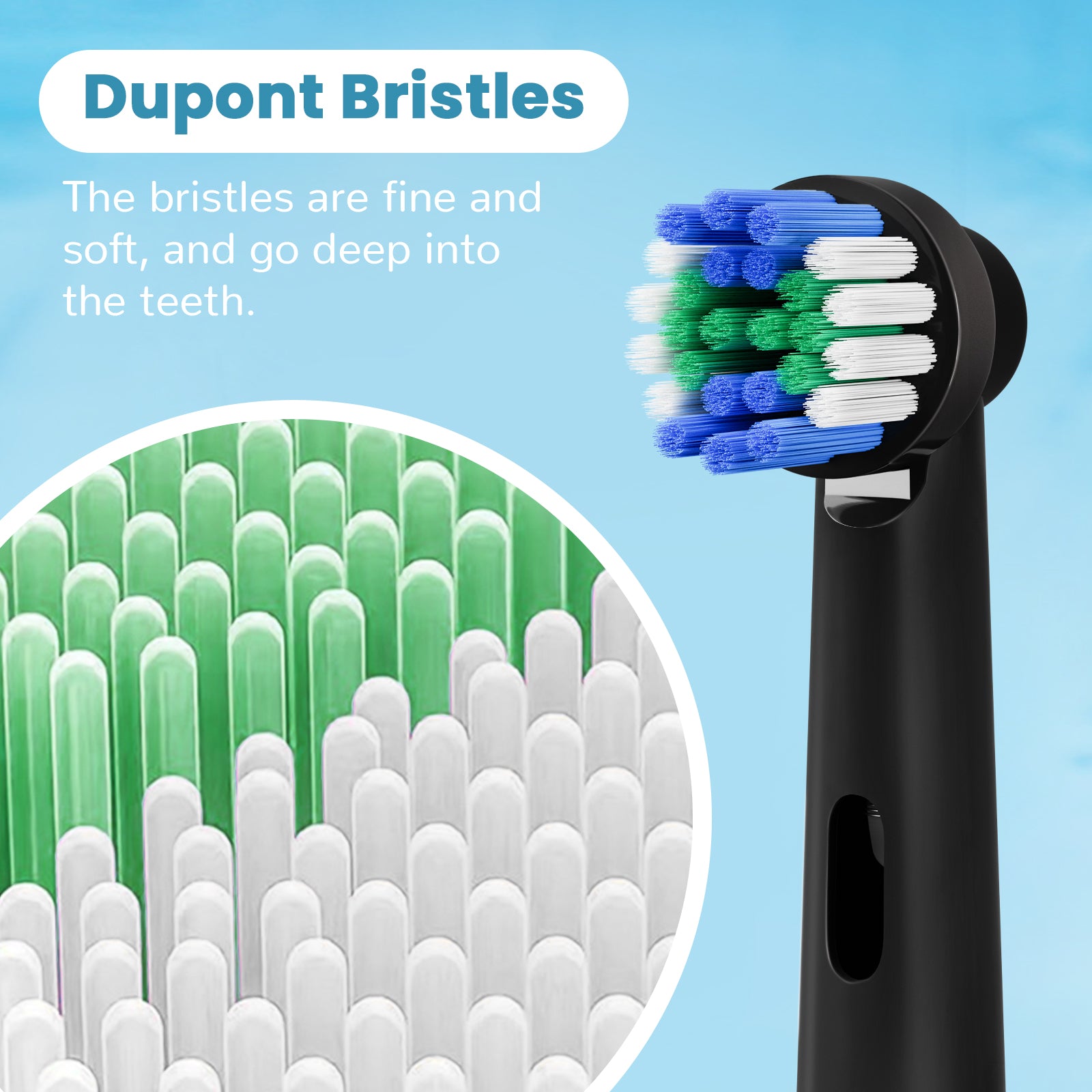 A pack of 20 replacement toothbrush heads compatible with Oral B, featuring colorful rings for easy identification and durable DuPont bristles.