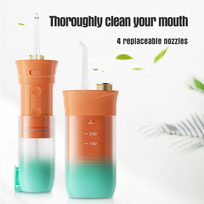 200ml Portable Oral Irrigator Teeth Cleaner with USB charging and multiple jet tips for effective dental care.