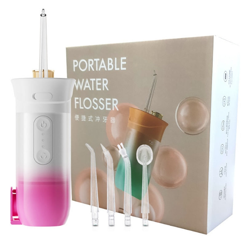 200ml Portable Oral Irrigator Teeth Cleaner with USB charging and multiple jet tips for effective dental care.