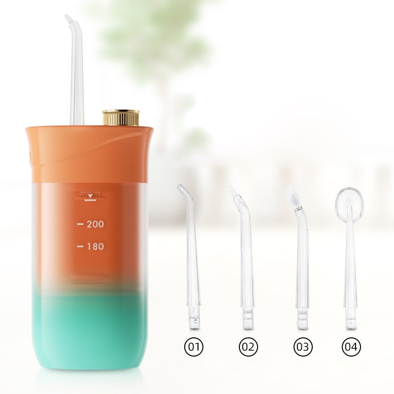 200ml Portable Oral Irrigator Teeth Cleaner with USB charging and multiple jet tips for effective dental care.