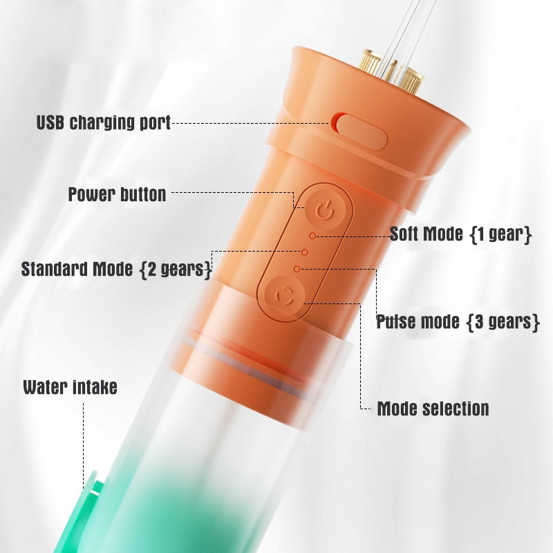 200ml Portable Oral Irrigator Teeth Cleaner with USB charging and multiple jet tips for effective dental care.