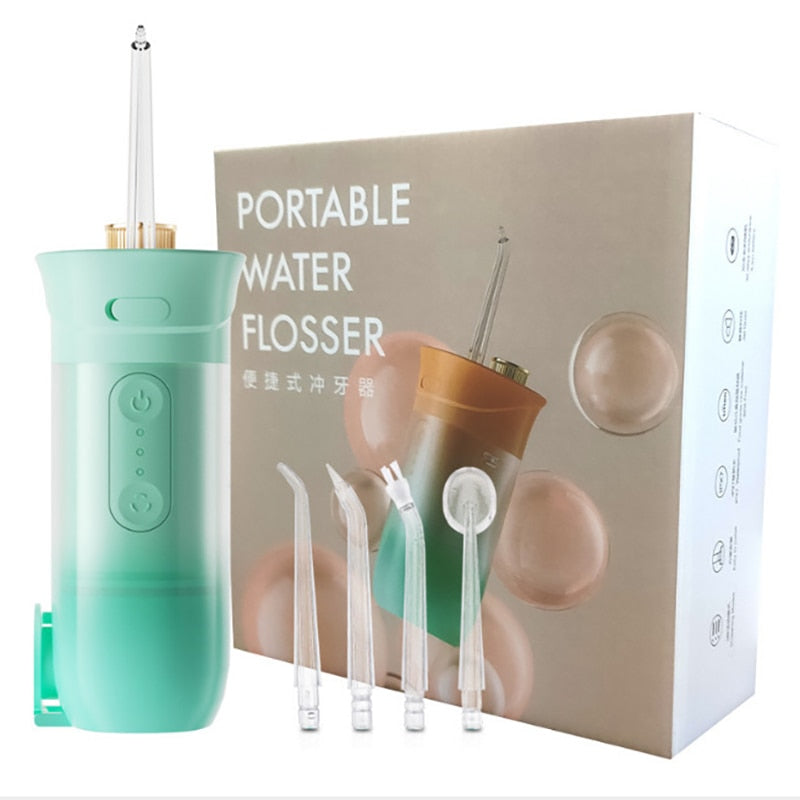 200ml Portable Oral Irrigator Teeth Cleaner with USB charging and multiple jet tips for effective dental care.