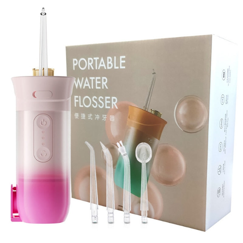 200ml Portable Oral Irrigator Teeth Cleaner with USB charging and multiple jet tips for effective dental care.