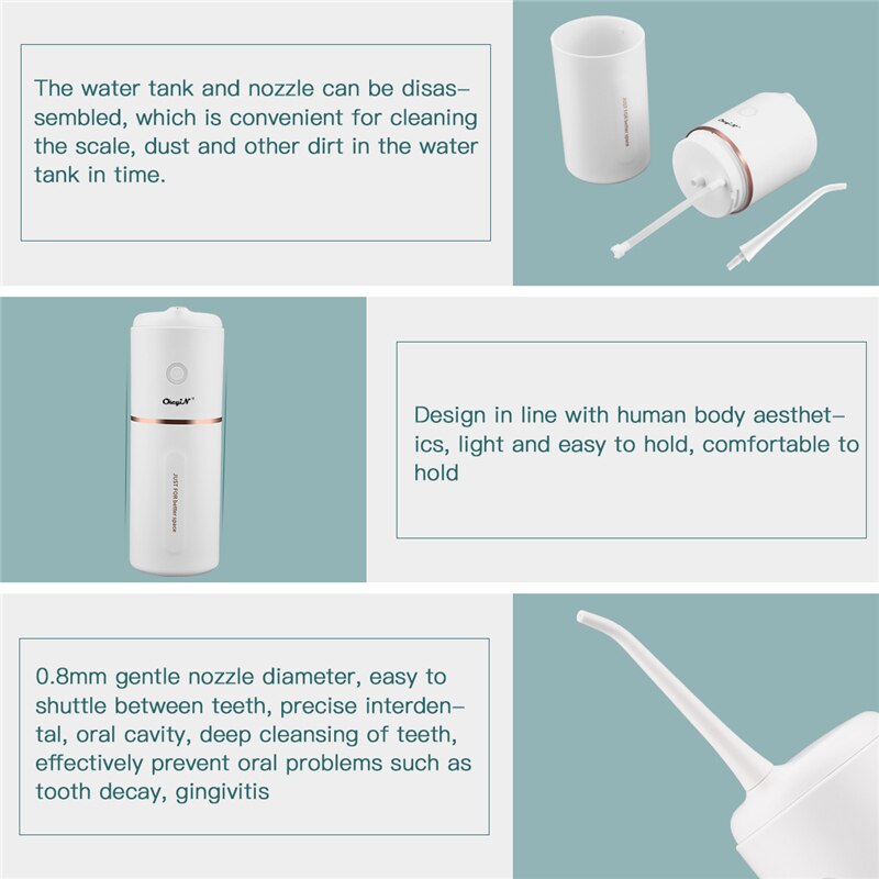 280ML Water Tank Dental Oral Irrigator with USB charging, featuring multiple nozzles and a sleek design for effective oral care.