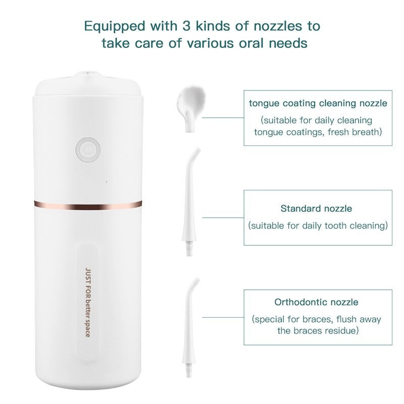 280ML Water Tank Dental Oral Irrigator with USB charging, featuring multiple nozzles and a sleek design for effective oral care.