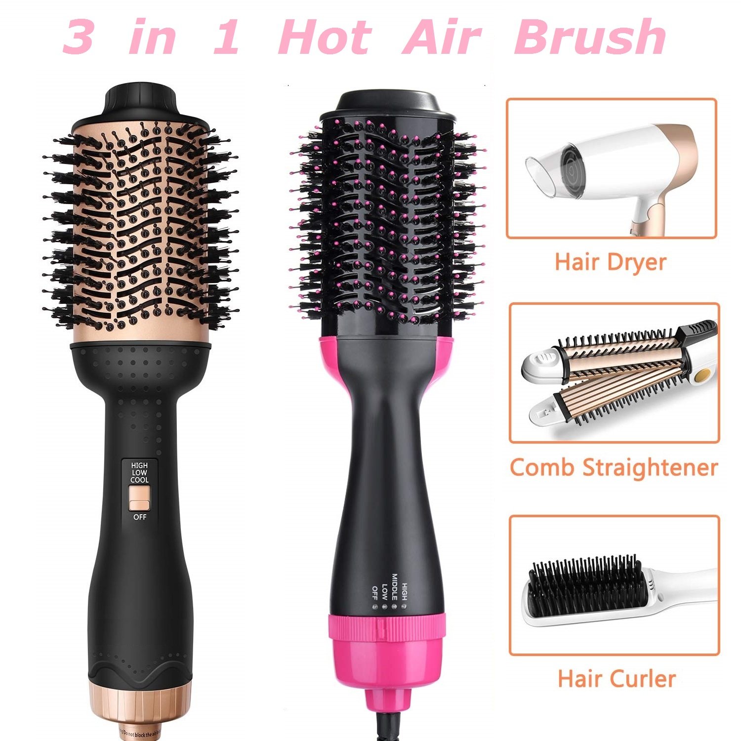 A sleek 3 in 1 multifunctional hair dryer and brush roller comb, designed for efficient hair styling and drying.